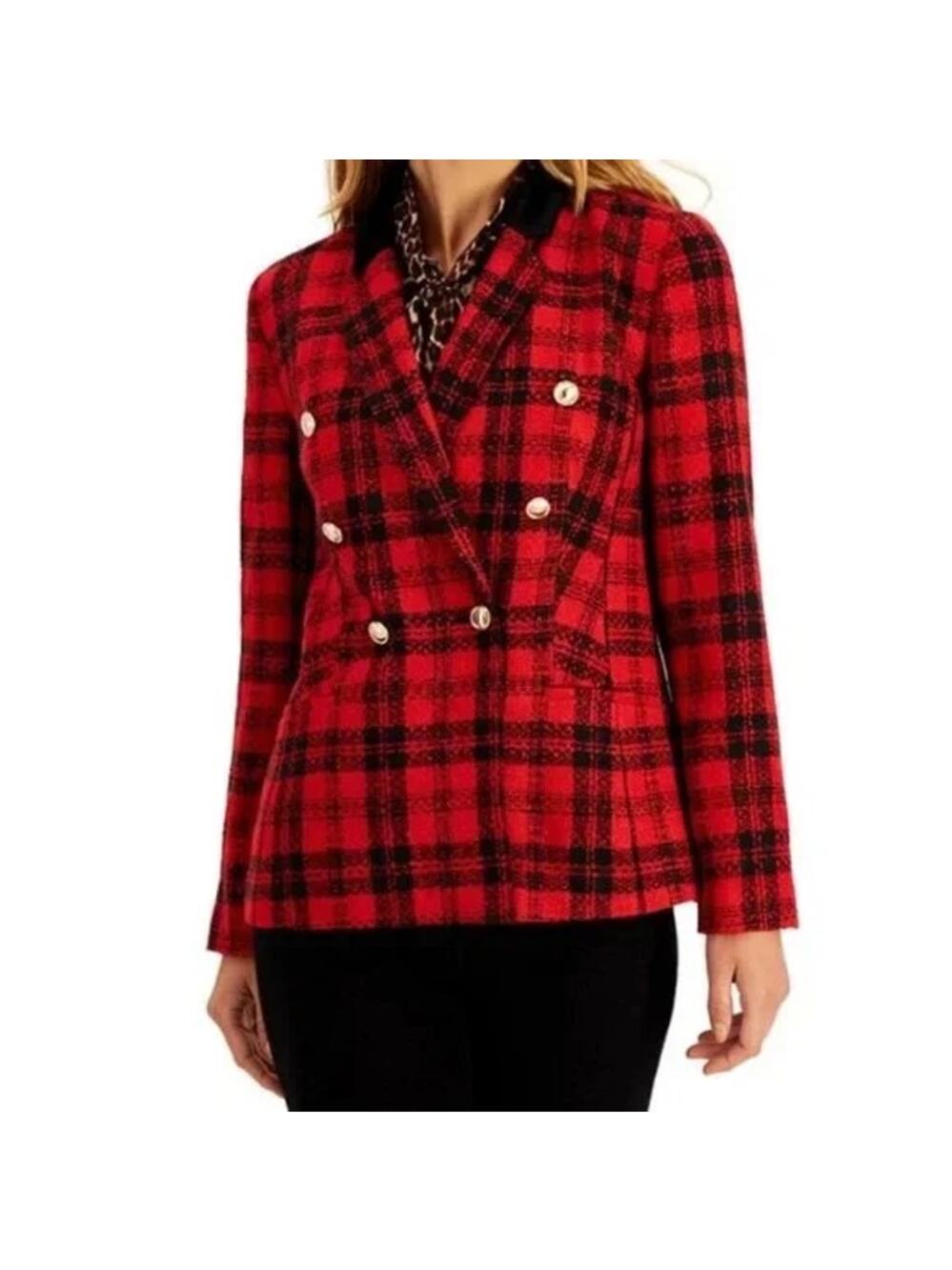 [Charter Club] Red Black Tartan Plaid Double Breasted Blazer Jacket Holiday 10
